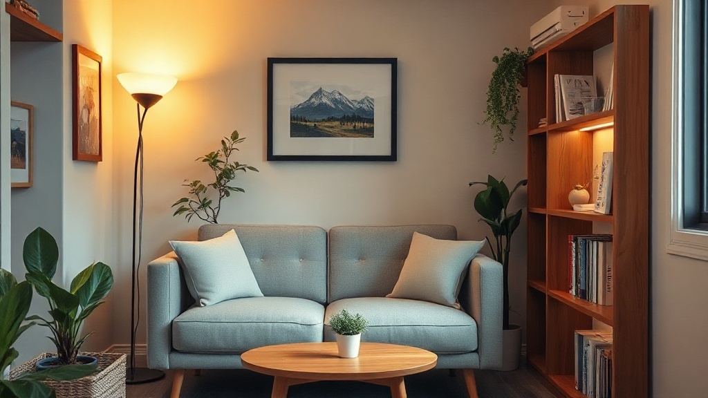 Departamento moderno y compacto en Córdoba con sillón de dos cuerpos y biblioteca
