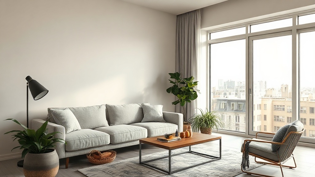 Living de departamento en Rosario con sofá gris y mesa ratona