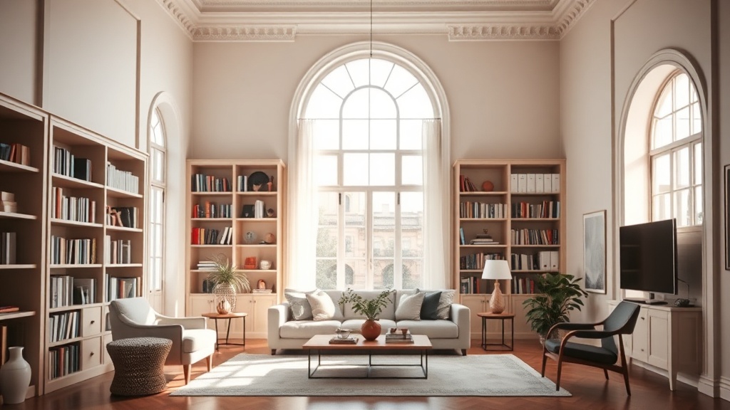 Living en La Plata con sofá moderno y biblioteca